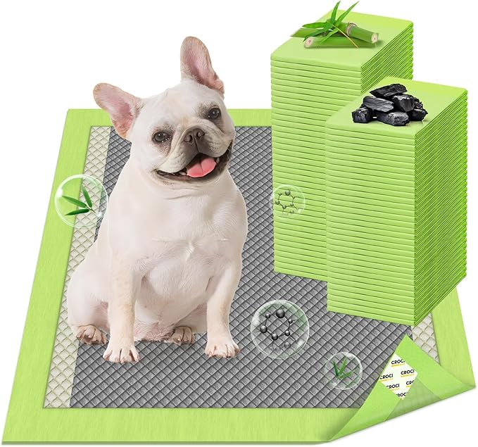 CROCI Pee Pads for Dogs, 22"x22" Small Puppy Pads 100 Counts, 2X Odor-Control with Charcoal & Bamboo Material, 4-Corner Adhesive Tabs, Super Absorbent & Leak-Proof