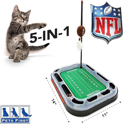 Pets First Cat Plush Toy KANSAS CITY CHIEFS FOOTBALL FIELD CAT SCRATCHER TOY with CATNIP Filled Plush FOOTBALL Toy & Feather Cat Toy hanging, Jingle Bell INTERACTIVE BALL Cat Chasing 5-in-1 KITTY Toy