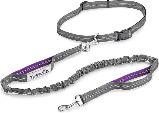 Tuff Mutt Hands Free Dog Leash for Walking Running Hiking, Waist Leash with Bungee, Adjustable Belt, Reflective Double Handle Design for Large Medium Dogs