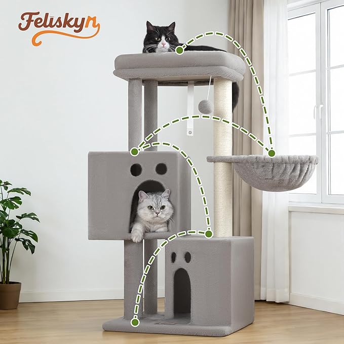 Small Cat Tree Tower for Indoor Cats, 40 In Medium Multi-Level Compact Cat House Bed with 2 Condo, Large Platform Perch, Sisal Scratching Post, Hammock, Cat Climbing Stand for Kitty kitten(Light Grey)