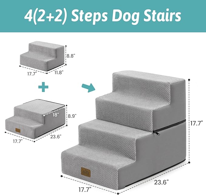 Dog Stairs for Small Dogs, 4 Tier Removable Wider Pet Stairs for Couch and Bed, 17.7" H Dog Steps for Old Cats, Puppy, Small Dogs, 17.7x23.6x17.7 inch, Gray