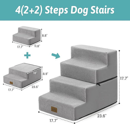 Dog Stairs for Small Dogs, 4 Tier Removable Wider Pet Stairs for Couch and Bed, 17.7" H Dog Steps for Old Cats, Puppy, Small Dogs, 17.7x23.6x17.7 inch, Gray