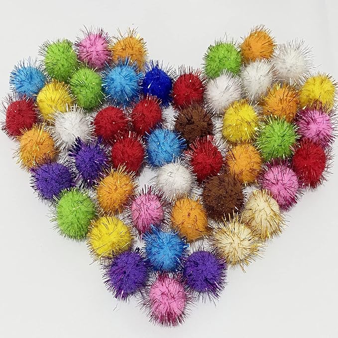 100 Pcs Assorted Color Sparkle Balls, 1.8 Inch Pom Pom Cat Toys Fuzzy Cat Balls, for Kittens Exercise and Entertainment, Color Random
