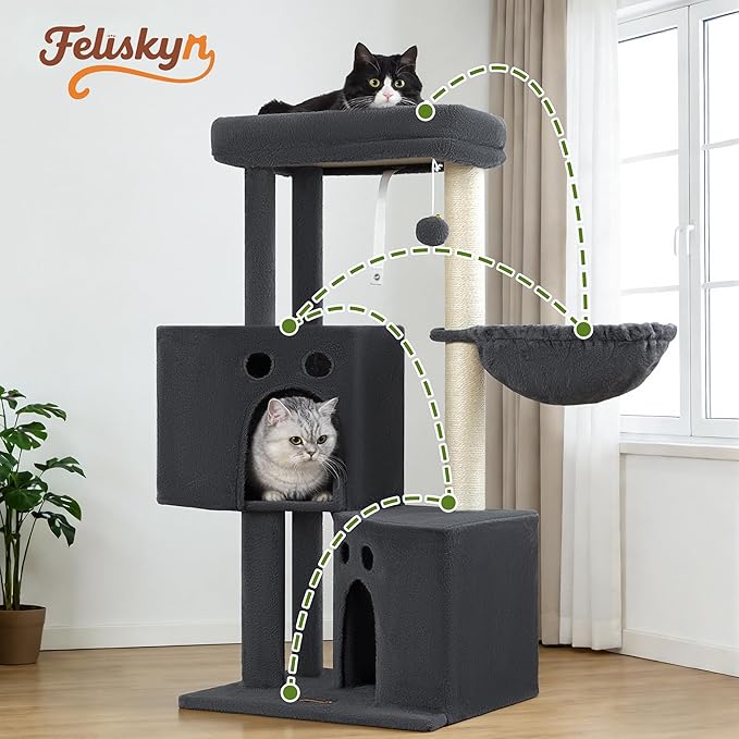 Small Cat Tree Tower for Indoor Cats, 40 In Medium Multi-Level Compact Cat House Bed with 2 Condos, Large Platform Perch, Sisal Scratching Post, Hammock, Cat Climbing Stand for Kitty kitten(Dark Grey)