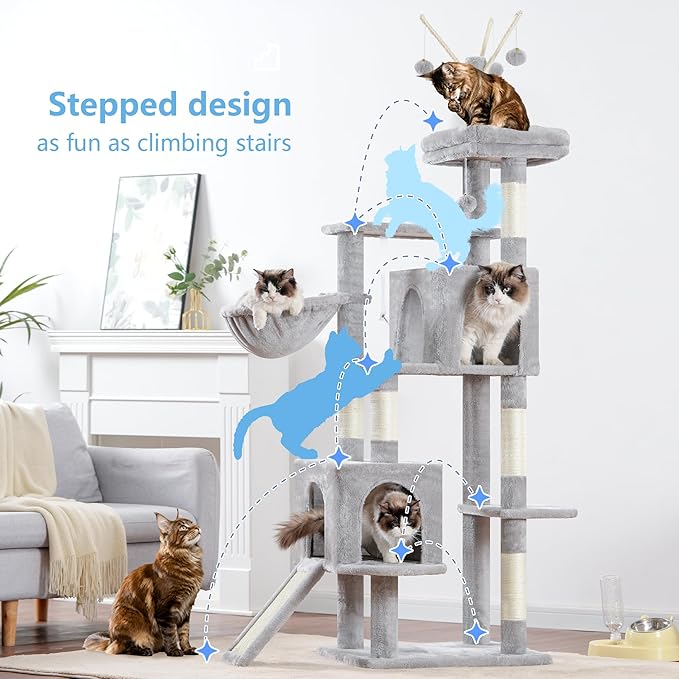 Hey-brother Cat Tree Tower, Sturdy Scratching Posts with Platform, Large Condos, Hammock, Removable Toys, Scratch Board, Multi-Level Furniture for Indoor Cats, 59.0 or 72.8 Inches, Light Gray MPJ055W