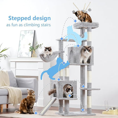 Hey-brother Cat Tree Tower, Sturdy Scratching Posts with Platform, Large Condos, Hammock, Removable Toys, Scratch Board, Multi-Level Furniture for Indoor Cats, 59.0 or 72.8 Inches, Light Gray MPJ055W