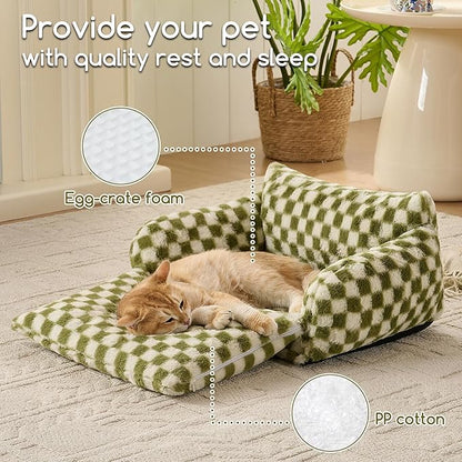 Hollypet Cat Bed Fluffy Plush Mutifuctional Double-Layer Soft Pet Couch Orthopedic Sofa Nest Beds for Small Cats and Dogs, Green and White (21x15x8 inch)