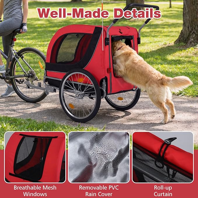 Giantex 2-in-1 Dog Bike Trailer & Pet Stroller for Large Dogs – Foldable Pet Carrier Cart with Front Caster & 2 Air-Filled Tires, Breathable Mesh, PVC Rain Cover, 176 lbs Capacity