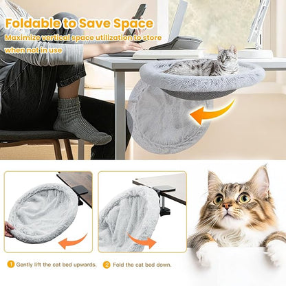 Pawaboo Cat Desk Bed, Sunken Cats Hammock with Steel Clamp Hold up to 40lbs, One-click Foldable Cat Side Table Beds with Soft Plush, Reversible & Washable Hanging Cats Bed for Game Office Home Desktop