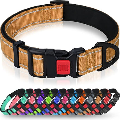 Taglory Reflective Dog Collar with Safety Locking Buckle, Soft Neoprene Padded Dog Collar for Extra Large Dogs, Metal D-Ring, Adjustable Nylon Neck Strap for Walking, Training & Running, Tan, XL
