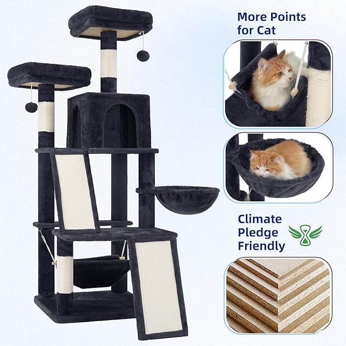 Multi-Level Cat Tree for Indoor Cats, Cat Tower with 2 Scratching Boards, 2 Plush Padding Platforms, Cat Condo House with Hammock, Basket, Smoky Gray GCT022G