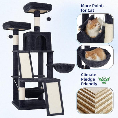 Multi-Level Cat Tree for Indoor Cats, Cat Tower with 2 Scratching Boards, 2 Plush Padding Platforms, Cat Condo House with Hammock, Basket, Smoky Gray GCT022G