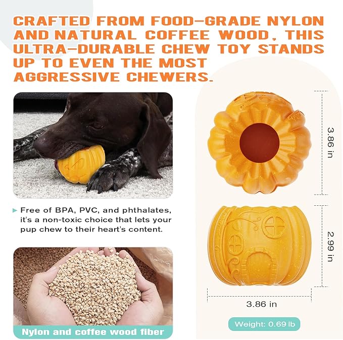 Pumpkin-Shaped Interactive Dog Toy for Dogs Multifunctional Food Dispenser, Frozen Lick Toy & Durable Chew Toy for Aggressive Chewers, Safe Nylon & Coffee Wood Fiber, Easy to Clean, Relieves Anxiety