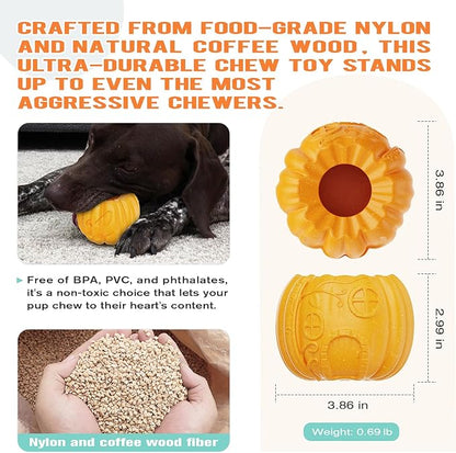 Pumpkin-Shaped Interactive Dog Toy for Dogs Multifunctional Food Dispenser, Frozen Lick Toy & Durable Chew Toy for Aggressive Chewers, Safe Nylon & Coffee Wood Fiber, Easy to Clean, Relieves Anxiety