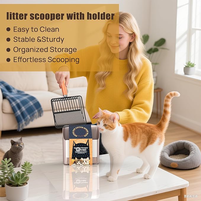 Heavy Duty Metal Cat Litter Scoop with Holder - Broom and Dustpan Set - Quick-Sifting Mesh for Clump-Free Cleaning, Compatible with Most Litter Types