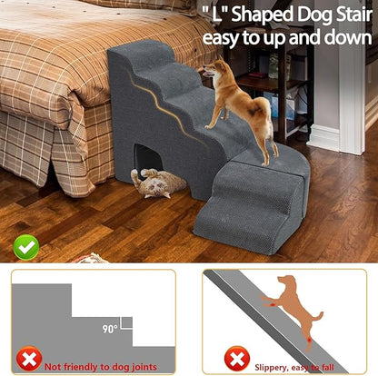 Dog Stairs for High Beds up to 30-36inch, A.FATI 6 Tiers Dog Steps Pet Stairs Adjust to Left Side of Bed, Non-Slip Pet Ramp for Small Dogs/Old Pets