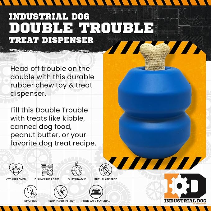 SodaPup Industrial Dog Double Trouble – Durable Dog Treat Dispenser & Chew Toy Made in USA from Non-Toxic, Pet-Safe, Food Safe Natural Rubber for Mental Stimulation, Problem Chewing, Calming & More