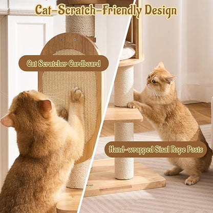 Modern Solid Wood Cat Tree for Indoor Cats Large Adult, 50in Tall Cat Tower with Sisal Scratching Posts, Cat Scratcher Cardboard, Cozy Cat Beds Cave Condo, Multi-Level Cat Furniture
