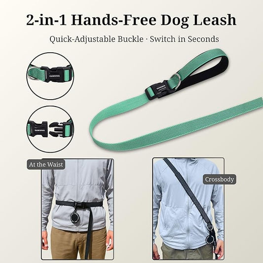 8FT-10FT Hands Free Dog Leash - Adjustable Waist/Crossbody 2-in-1 Belt with Shock-Absorbing, Traffic Handle & Reflective for Hiking, Canicross & Active Lifestyles (Mint Green)