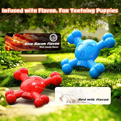Dog Toys for Small Dogs, Skull-Shaped Small Dog Toys for Puppies, Durable Natural Rubber Puppy Chew Toys with Bacon&Milk Flavor, Indestructible Dog Toy, Red