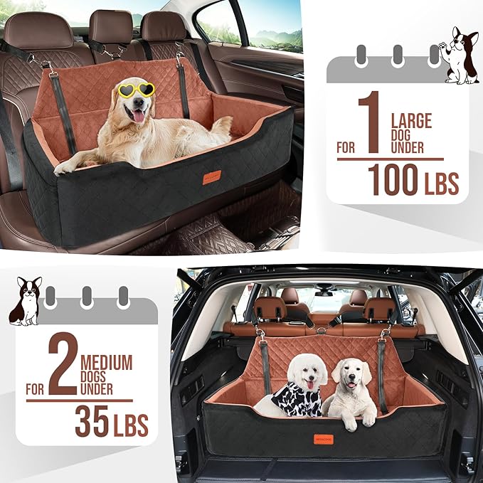 HEGGCOOE Large Dog Car Seat Under 100 lbs, Washable Dog Car Bed for 2 Medium Dogs, Detachable Pet Booster Seat with Storage Pocket and Seat Belt for Back Seat Dog Travel Bed