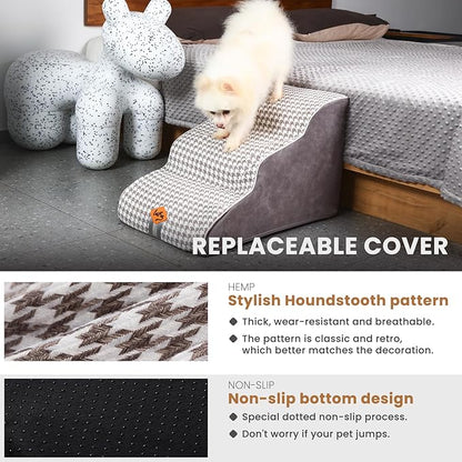 Laifug Curved Dog Stairs for Small Dogs, 3-Step Pet Stairs for High Beds and Couch, Non-Slip Balanced Dog Indoor Step with High Density Foam, Houndstooth Double Layer Dog Staircase