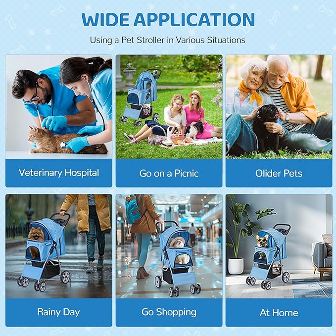 ZENY Foldable Pet Stroller, Cat/Dog Stroller with 4 Wheel, Pet Travel Carrier Strolling Cart with Storage Basket, Cup Holder (Blue)