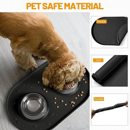 Hubulk 100% Waterproof Silicone Pet Feeding Mat with Raised Edge for Food and Water, Dog Bowl Mats, Cat Bowls Placemat with High Lip Protects Floor for Cats and Dogs (Black, 16" L x 10" W)