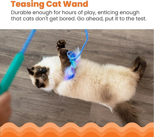 Catstages Tail Teaser Air Prey Cat Wand Toy for Indoor Cats, Interactive Cat Toy with 2 Feathered Catnip Toys, Crinkle Sounds, and Durable Rope for Leaping Play, Blue