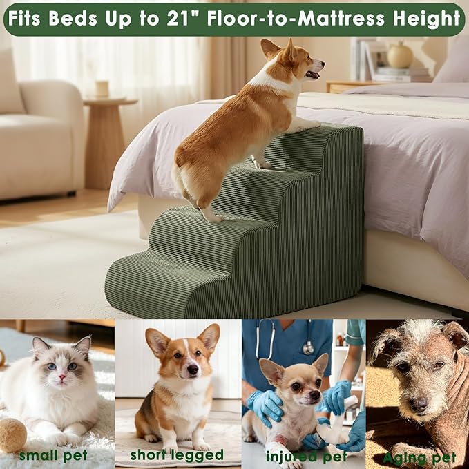 Dog Stairs for Small Dogs 17.7" H, 4-Step Dog Ramp for Aged and Injured Dogs, Foam Pet Stairs for Cats to Get on Bed, Couch or Chair, Non-Slip, Steady, Washable Cover, Green