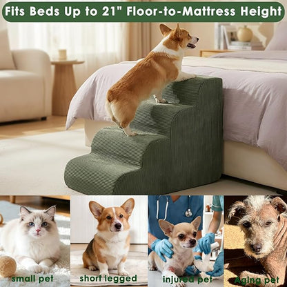 Dog Stairs for Small Dogs 17.7" H, 4-Step Dog Ramp for Aged and Injured Dogs, Foam Pet Stairs for Cats to Get on Bed, Couch or Chair, Non-Slip, Steady, Washable Cover, Green