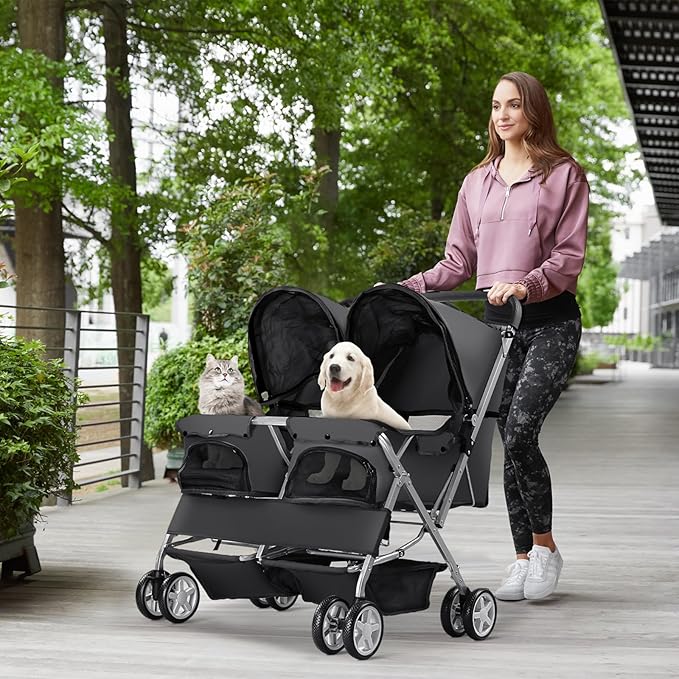 Double Pet Stroller, Foldable Stroller for 2 Dogs & Cats, Two-Seater Carrier Twin Dog Walk Jogger Travel Pet Carriage Cart with Storage, Black