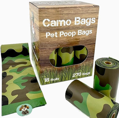 Pet poop bags with a camouflage pattern. Poop bags rolls for dog walking, dog-parks, and the yard.
