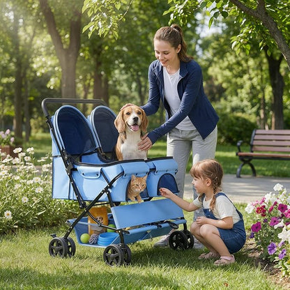 Magshion Side by Side Double Dog Stroller for 2 Small Dogs, Foldable Twin Pet Stroller with Breathable Mesh, Storage Basket, Swivel Wheels for Outdoor Walks & Daily Use, Blue