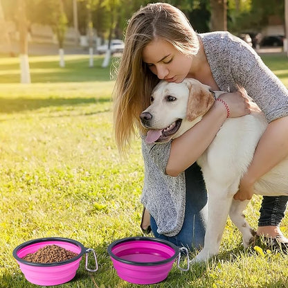 SLSON Dog Bowls Pet Collapsible Bowl with Cover Lids,2 Pack Dog Travel Bowls Portable Foldable Cat Water Dish Bowl for Pets Walking Parking Camping (Pink and Purple, Medium)