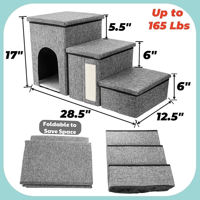 Dog Stairs for Small Dogs, 3 Tiers Dog Step with Storage, Foldable Older Cat Ramp with Condo Cat Scratcher, Portable Pet Ladder for High Bed Couch Chair Car, Up to 165 Lbs, 17 Inch