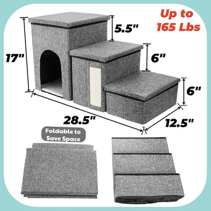 Dog Stairs for Small Dogs, 3 Tiers Dog Step with Storage, Foldable Older Cat Ramp with Condo Cat Scratcher, Portable Pet Ladder for High Bed Couch Chair Car, Up to 165 Lbs, 17 Inch
