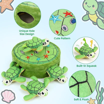 Hide and Seek Squeaky Dog Plush Toy Carrot and Bunny Set, 5 Pack Dog Puzzle Toys for Training and Cleaning, Interactive Tough Dog Toy for Small Medium Dogs,Turtles