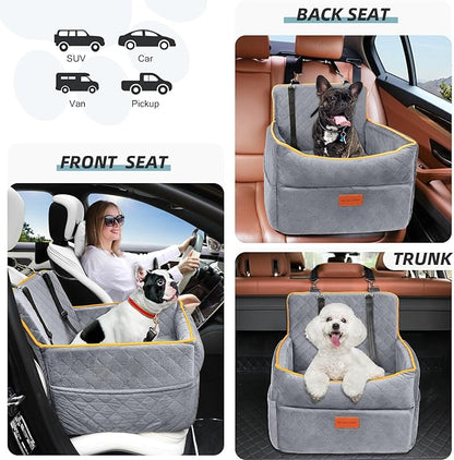 HEGGCOOE Dog Car Seat for Small Medium Dogs, Memory Foam Puppy Dog Booster Seat with Thick Cushion for Dogs Under 35lbs, Detachable Washable Pet Car Seat Travel Bed with Storage Pockets,2 Safety Belts