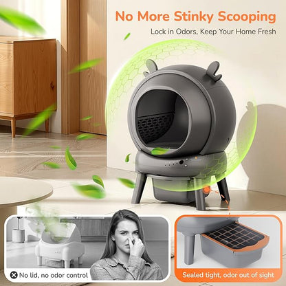 Automatic Self Cleaning Litter Box, Cat Litter Box with APP Control, 65L Globe & Dual Safety Sensors, Robot Litter Box, 1 Roll Garbage Bags and Litter Mat, <35DB, for Multiple Cats, Grey