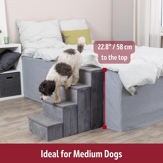 Trixie Velour Dog Stairs with Tread Steps - 4 Step Pet Stairs for Beds and Couches - Foldable with Additional Storage Space - Gray
