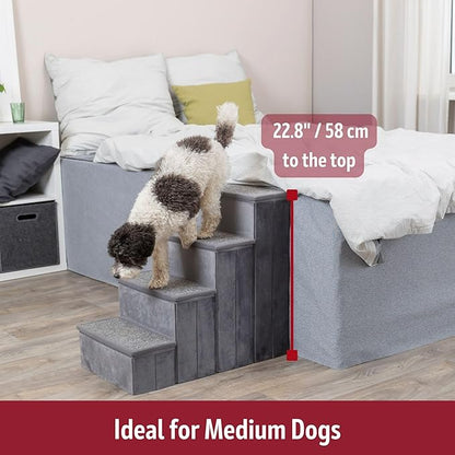 Trixie Velour Dog Stairs with Tread Steps - 4 Step Pet Stairs for Beds and Couches - Foldable with Additional Storage Space - Gray