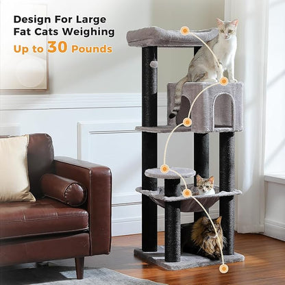Large Cat Tree with Reinforced Scratching Posts (φ3.7in) for Big Adult Cats 30 lbs, 57.8" Heavy Duty Cat Tower with Larger Hammock and Condo, Cat Furniture for Maine Coon, Plush,Black
