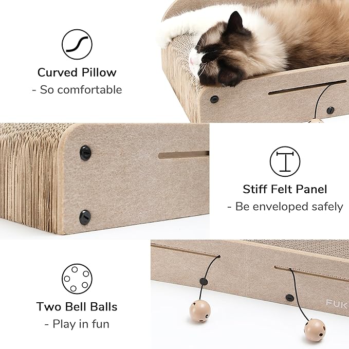 FUKUMARU 26 Inch Cat Scratcher Bed, 2 Reversible Cardboard Cat Scratch Pads Refill for Indoor Cats, Durable Large Cats Scratching Bed Sofa Couch Lounger with Fun Toys, Furniture Protector, Beige