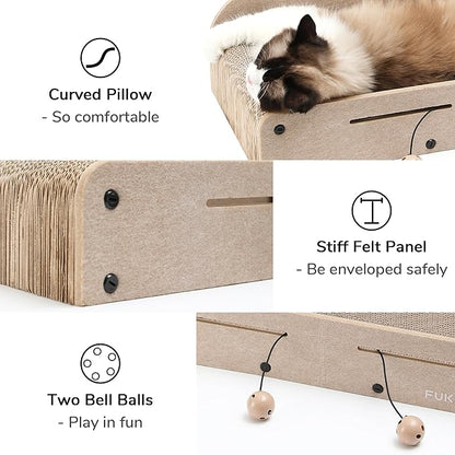FUKUMARU 26 Inch Cat Scratcher Bed, 2 Reversible Cardboard Cat Scratch Pads Refill for Indoor Cats, Durable Large Cats Scratching Bed Sofa Couch Lounger with Fun Toys, Furniture Protector, Beige