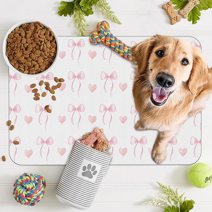 Cute Pink Bow Dog Food Mat for Floors,Heart Absorbent Pet Food and Water Bowl Mats,Non-Slip Pet Feeding Mat,Pet Supplies 12" x 20"