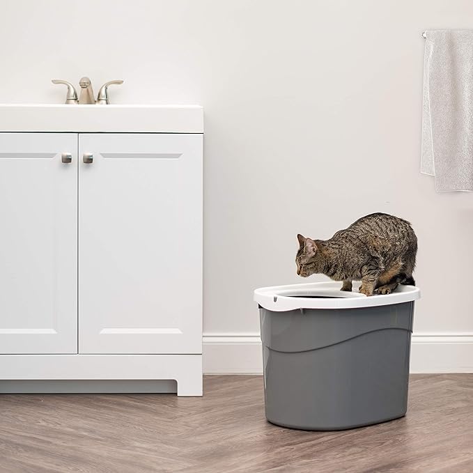 IRIS USA Large Top Entry Cat Litter Box with Lid Enclosed Covered Hooded Design Litter Catching Scatter Shield Pan Dog Proof Pet Proof Scoop Included Odor Control for Indoor Cats Kittens Gray/White
