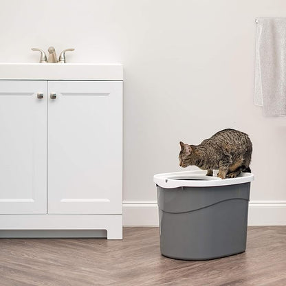 IRIS USA Large Top Entry Cat Litter Box with Lid Enclosed Covered Hooded Design Litter Catching Scatter Shield Pan Dog Proof Pet Proof Scoop Included Odor Control for Indoor Cats Kittens Gray/White