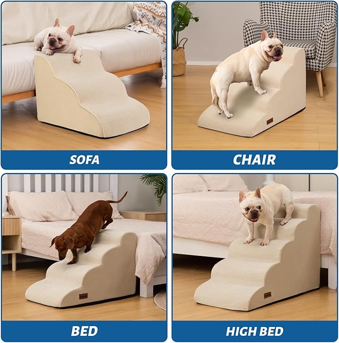 3-Step Dog Ramp and Stairs for Sofa and Chair - Non-Slip Sturdy Pet Steps for Small Dogs and Cats,15.7" H,Beige