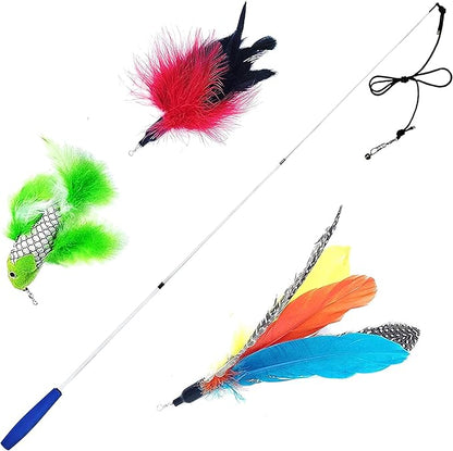 Pet Fit For Life - Retractable Feather Wand for Cats - Durable Interactive Cat Toy, Teaser Fishing Pole with Feather Lures - Fun Kitten Play Wand, 2 Feathers with String and Flying Fish Attachment